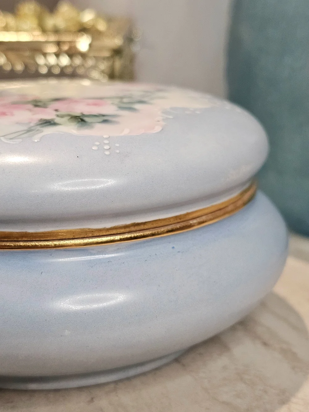 Hand Painted Porcelain Powder Box Limoges France Trinket Box Roses Gold Trim